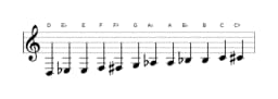 Bladmuziek van de D Chromatisch toonladder in drie octaven (3)