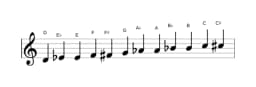 Bladmuziek van de D Chromatisch toonladder in drie octaven (4)