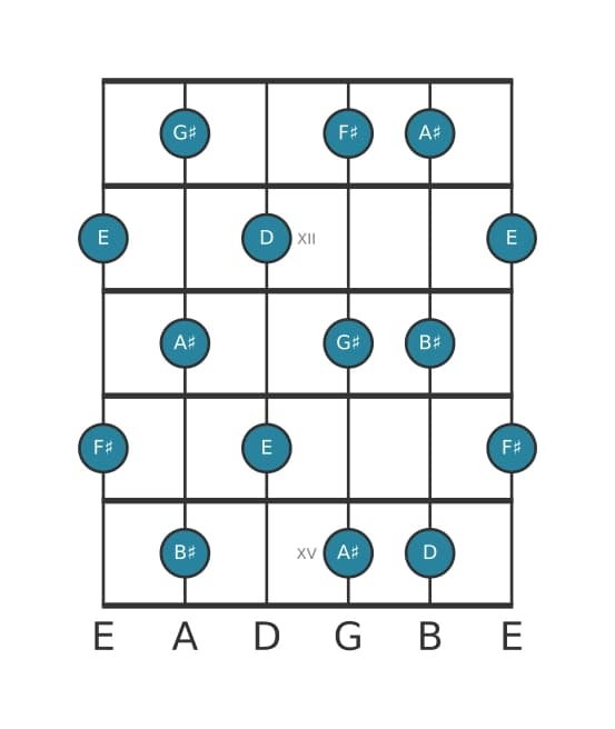 Gitaar toonladder voor D Hele toon in positie 10