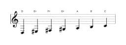 Bladmuziek van de D Hongaars major toonladder in drie octaven (3)