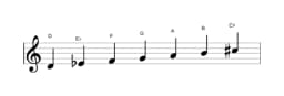 Bladmuziek van de D Napolitaans majeur toonladder in drie octaven (4)