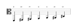 Bladmuziek van de D Overmatig heptatonisch toonladder in drie octaven (2)