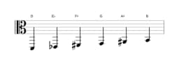 Bladmuziek van de D Zes tonen symmetrisch toonladder in drie octaven (2)