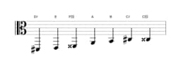 Bladmuziek van de Dis Enigmatisch toonladder in drie octaven (2)