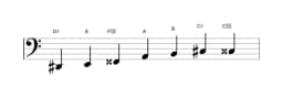 Bladmuziek van de Dis Enigmatisch toonladder in drie octaven (2)