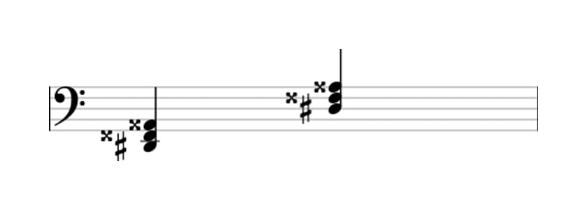 Bladmuziek van het Dis Overmatig akkoord in drie octaven (2)