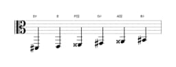 Bladmuziek van de Dis Zes tonen symmetrisch toonladder in drie octaven (2)