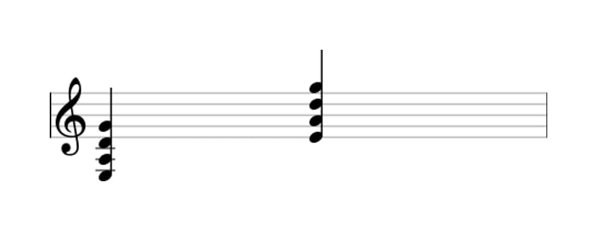 Bladmuziek van het E Vier akkoord in drie octaven (3)