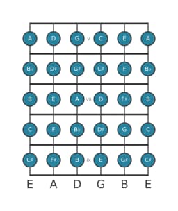 Gitaar toonladder voor E Chromatisch in positie 4