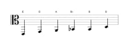Bladmuziek van de E Mineur blues toonladder in drie octaven (2)