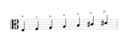 Bladmuziek van de E Napolitaans majeur toonladder in drie octaven (3)