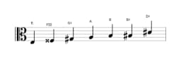 Bladmuziek van de E Overmatig heptatonisch toonladder in drie octaven (3)