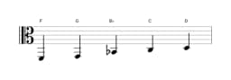 Bladmuziek van de F Ritusen toonladder in drie octaven (2)