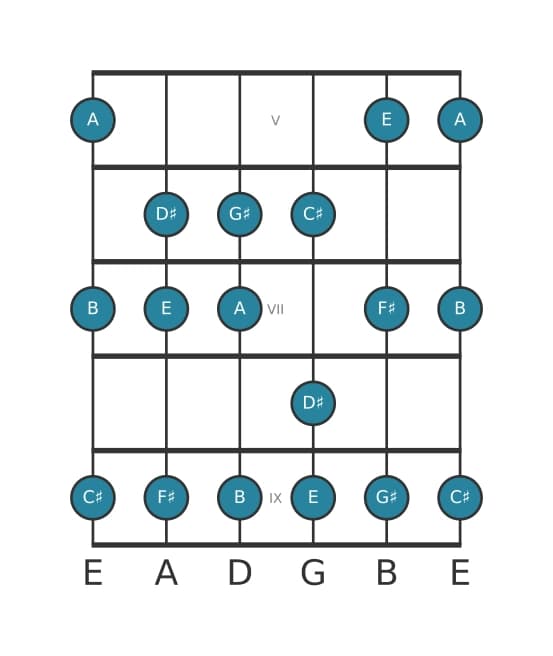Gitaar toonladder voor Fis Dorisch in positie 4