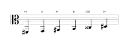 Bladmuziek van de Fis Zes tonen symmetrisch toonladder in drie octaven (2)