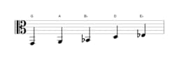 Bladmuziek van de G Hirajoshi toonladder in drie octaven (2)