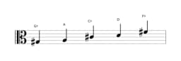 Bladmuziek van de Gis Iwato toonladder in drie octaven (3)