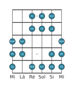 Escala de guitarra para Mi Double Harmonica Maior na posição 8
