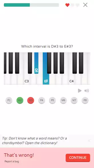 Una pregunta sobre el intervalo tercera mayor dentro de una lección de nuestra aplicación de aprendizaje de teoría musical, Sonid.